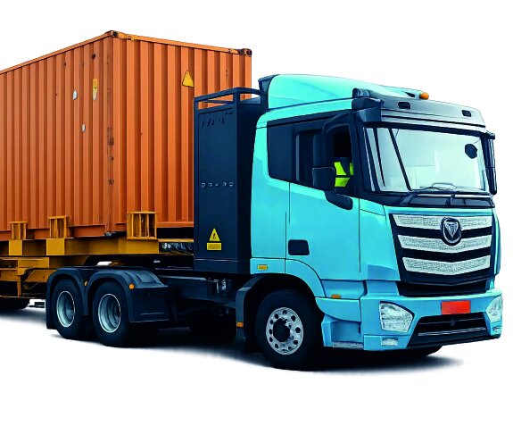 Sorigin 55T electric tractor hauling a shipping container